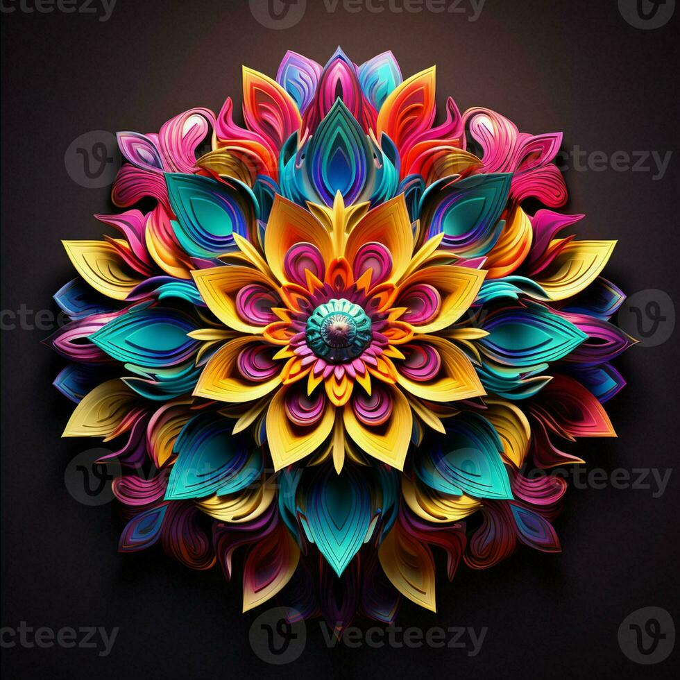 Beautiful mandala flower, Colorful fractal mandala on black background. Psychedelic digital art. 3D rendering. ai generated  pro photo