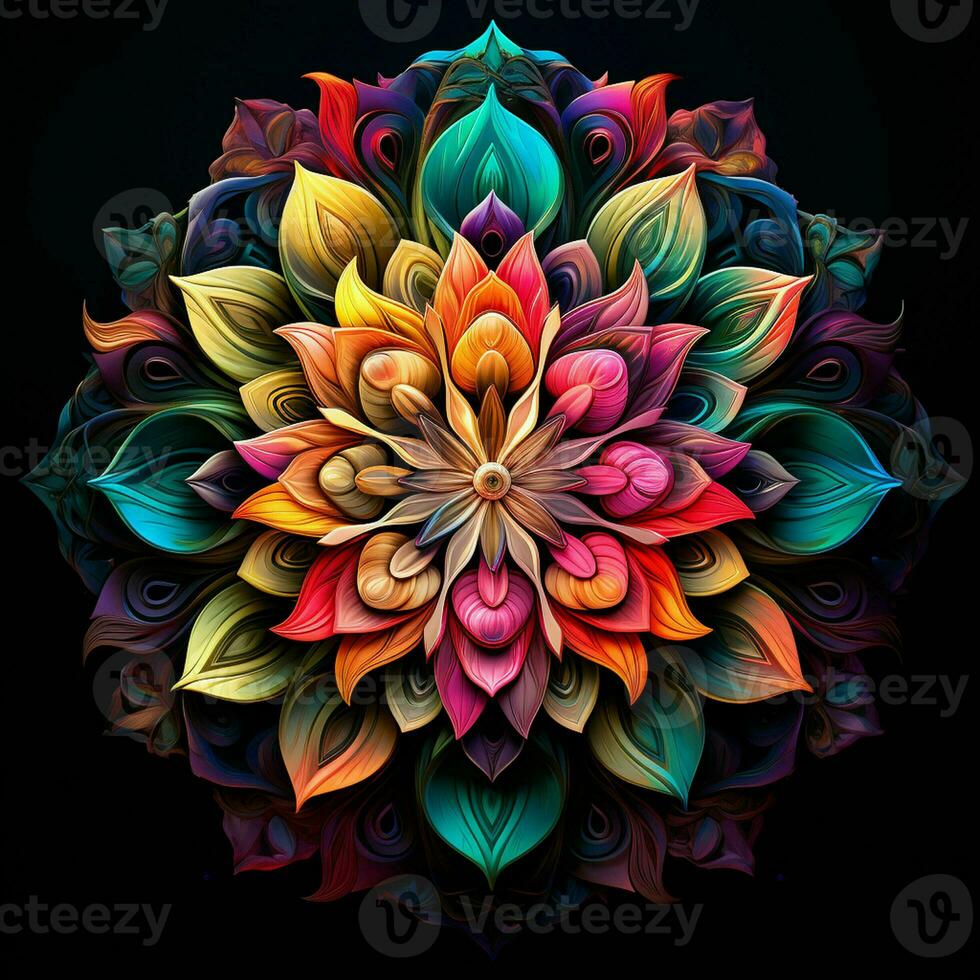 Beautiful mandala flower, Colorful fractal mandala on black background. Psychedelic digital art. 3D rendering. ai generated  pro photo