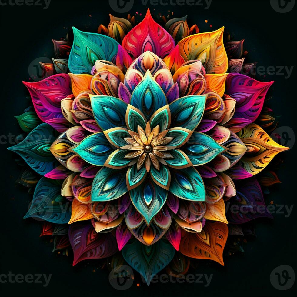Beautiful mandala flower, Colorful fractal mandala on black background. Psychedelic digital art. 3D rendering. ai generated  pro photo