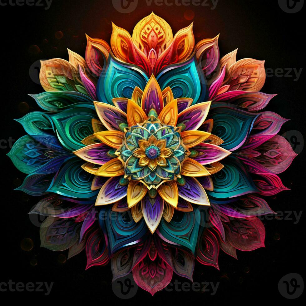 Beautiful mandala flower, Colorful fractal mandala on black background. Psychedelic digital art. 3D rendering. ai generated  pro photo