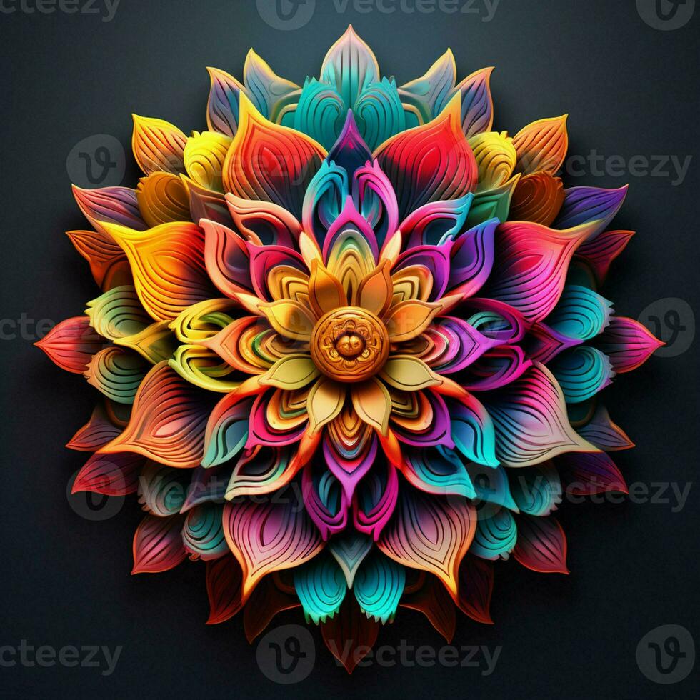 Beautiful mandala flower, Colorful fractal mandala on black background. Psychedelic digital art. 3D rendering. ai generated  pro photo