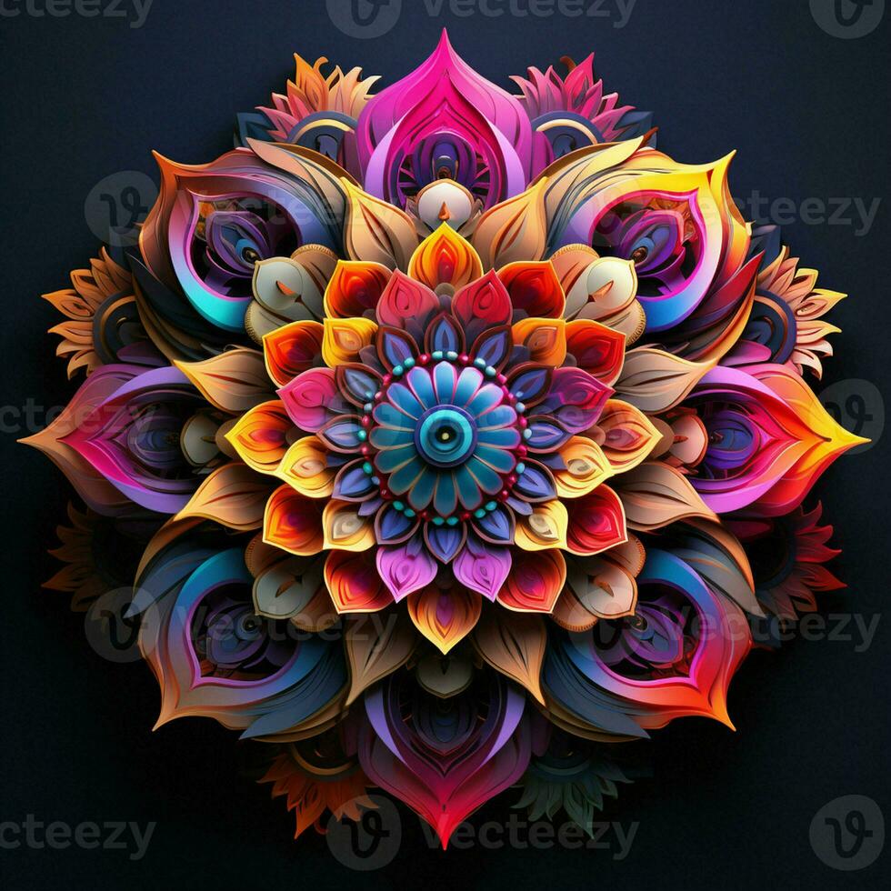 Beautiful mandala flower, Colorful fractal mandala on black background. Psychedelic digital art. 3D rendering. ai generated  pro photo