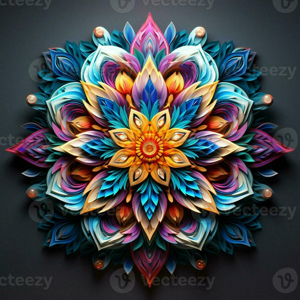 Beautiful mandala flower, Colorful fractal mandala on black background. Psychedelic digital art. 3D rendering. ai generated  pro photo