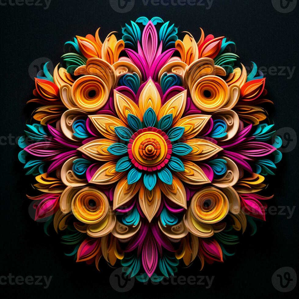 hermosa mandala flor, vistoso fractal mandala en negro antecedentes. psicodélico digital Arte. 3d representación. ai generado Pro foto