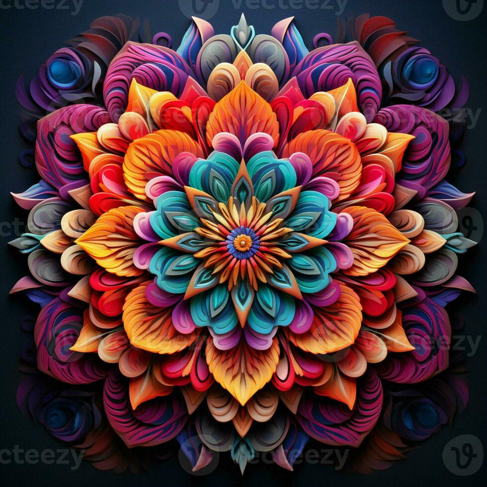 Beautiful mandala flower, Colorful fractal mandala on black background. Psychedelic digital art. 3D rendering. ai generated  pro photo