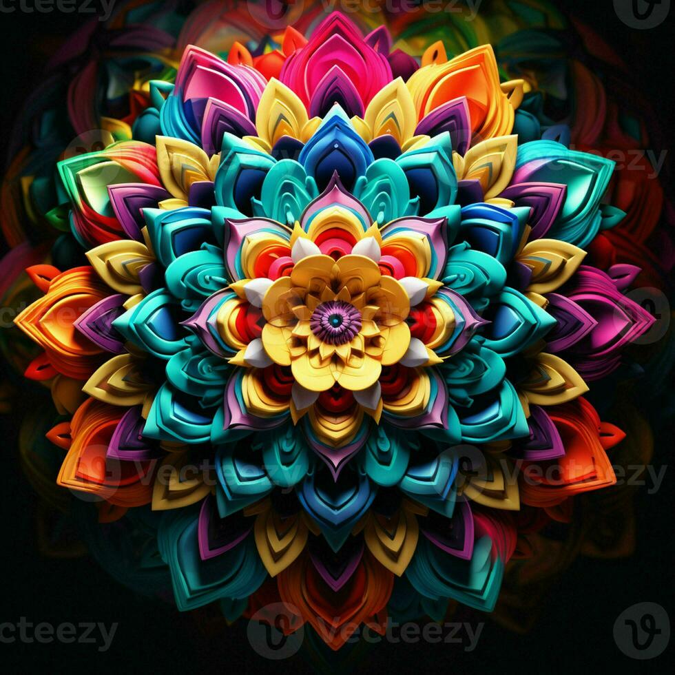 Beautiful mandala flower, Colorful fractal mandala on black background. Psychedelic digital art. 3D rendering. ai generated  pro photo