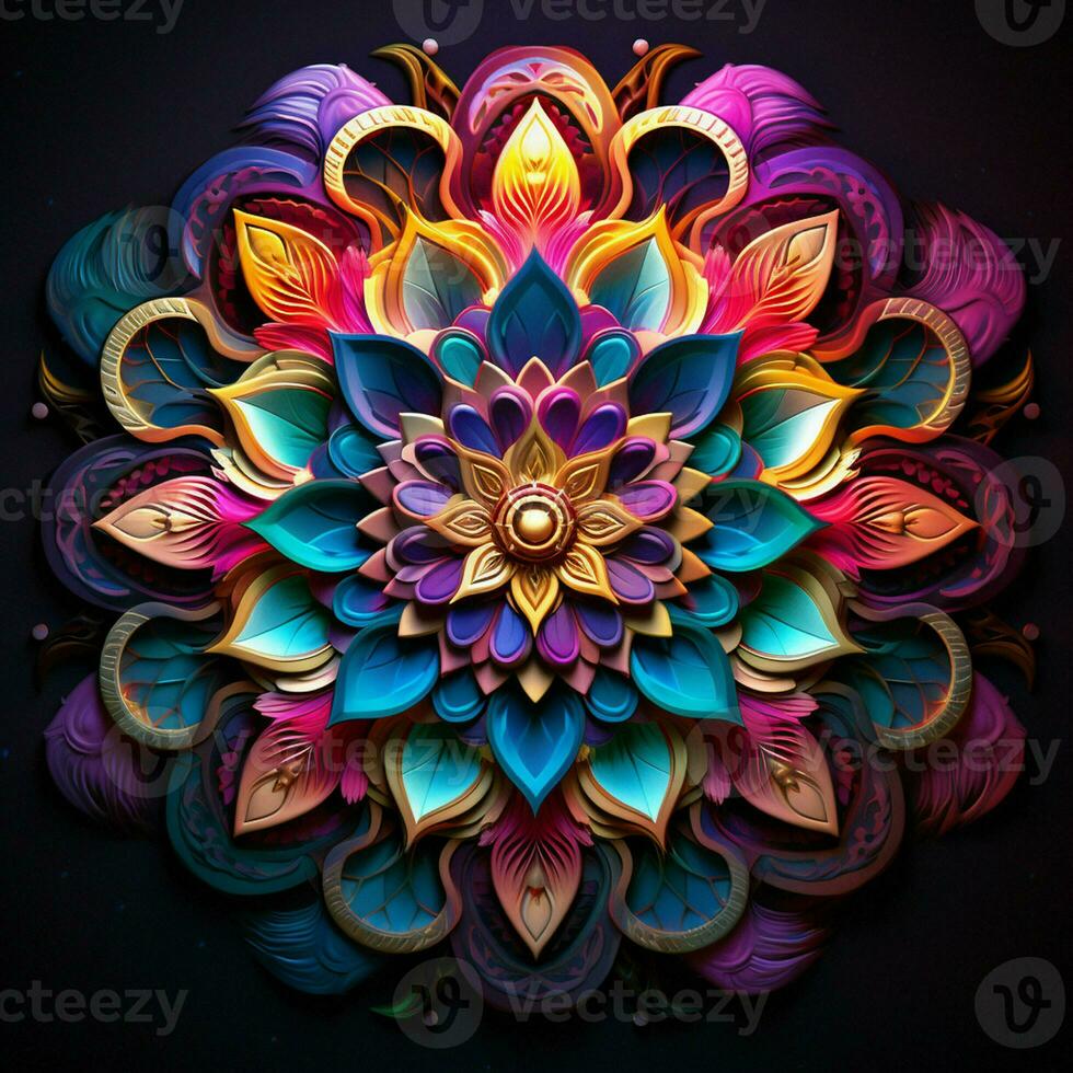 Beautiful mandala flower, Colorful fractal mandala on black background. Psychedelic digital art. 3D rendering. ai generated  pro photo
