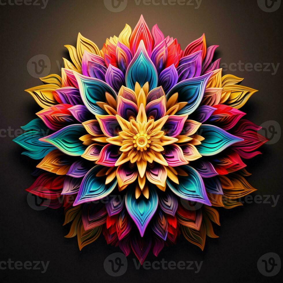 Beautiful mandala flower, Colorful fractal mandala on black background. Psychedelic digital art. 3D rendering. ai generated  pro photo