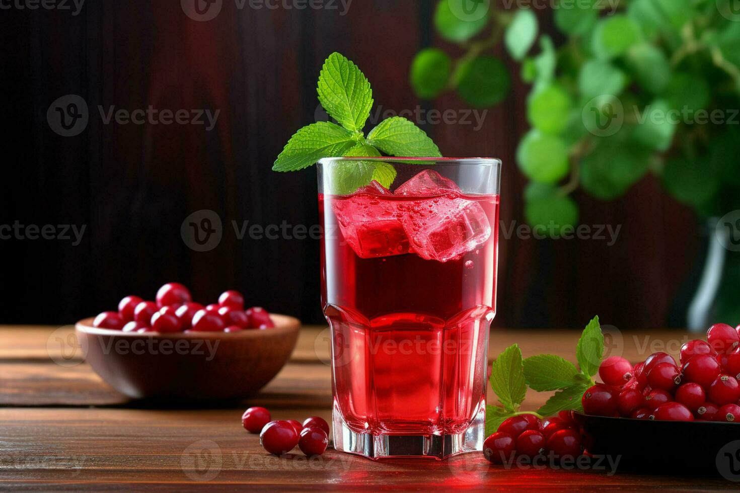 Cranberry juice in a glass and fresh cranberries on a wooden table. ai generated photo