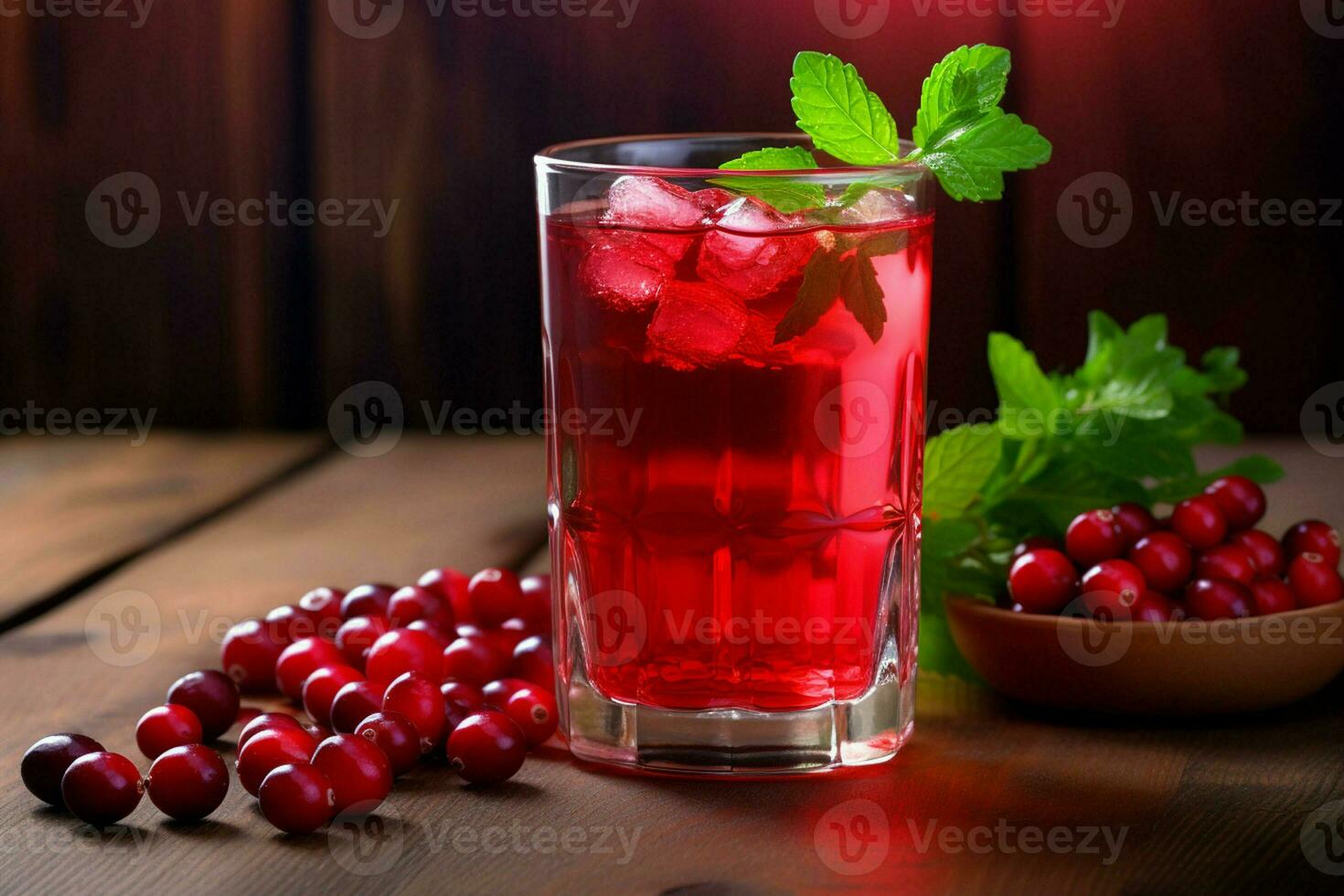 Cranberry juice in a glass and fresh cranberries on a wooden table. ai generated photo