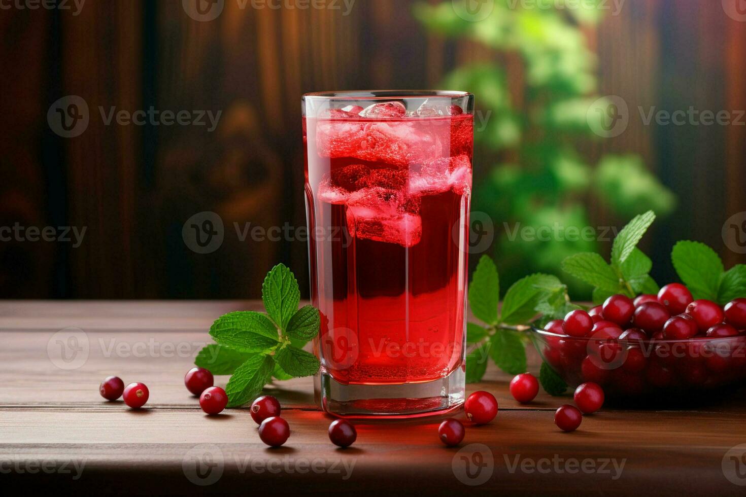 Cranberry juice in a glass and fresh cranberries on a wooden table. ai generated photo