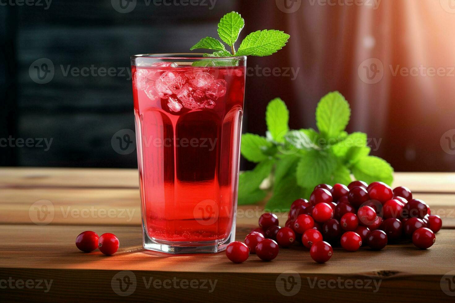 Cranberry juice in a glass and fresh cranberries on a wooden table. ai generated photo