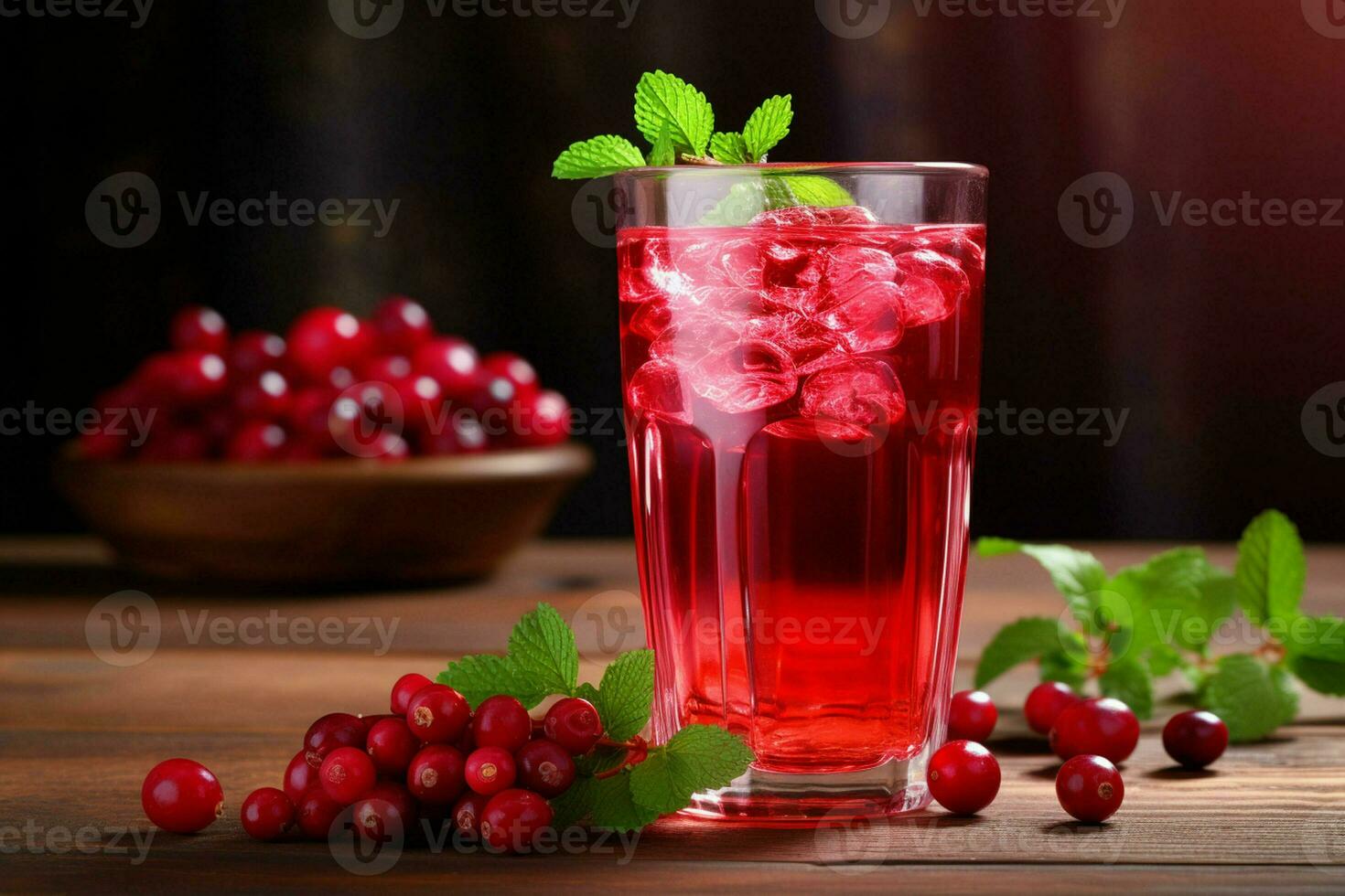 Cranberry juice in a glass and fresh cranberries on a wooden table. ai generated photo