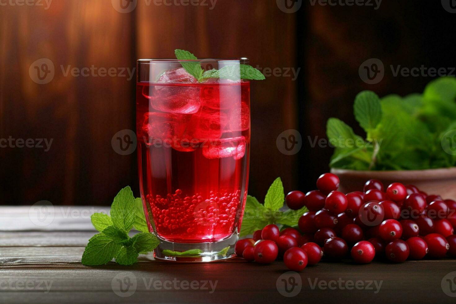 Cranberry juice in a glass and fresh cranberries on a wooden table. ai generated photo