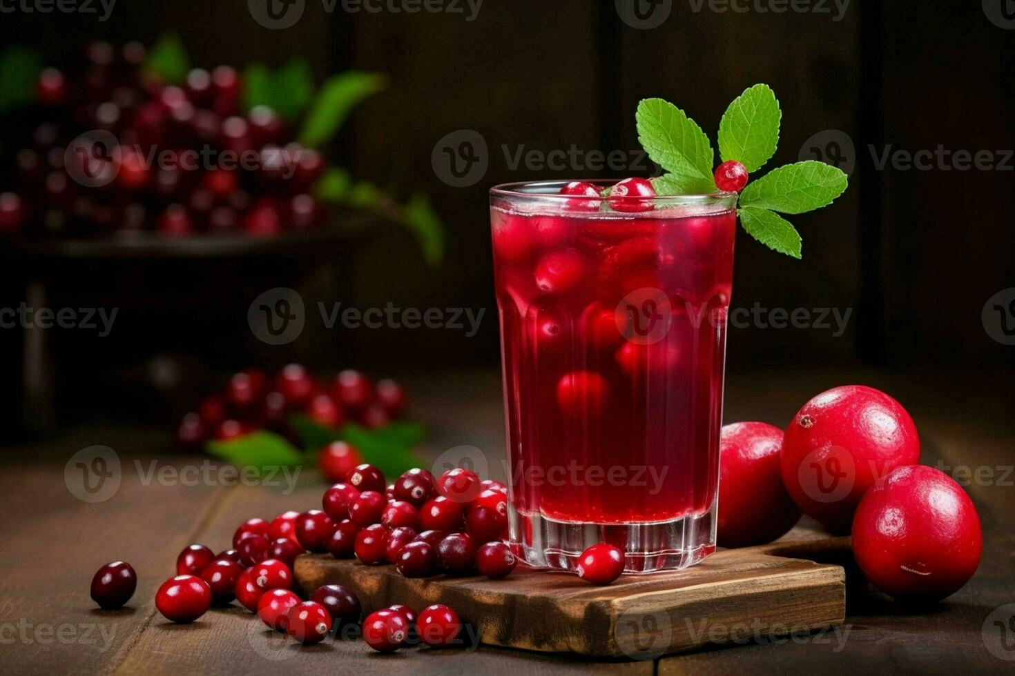 Cranberry juice in a glass and fresh cranberries on a wooden table. ai generated photo