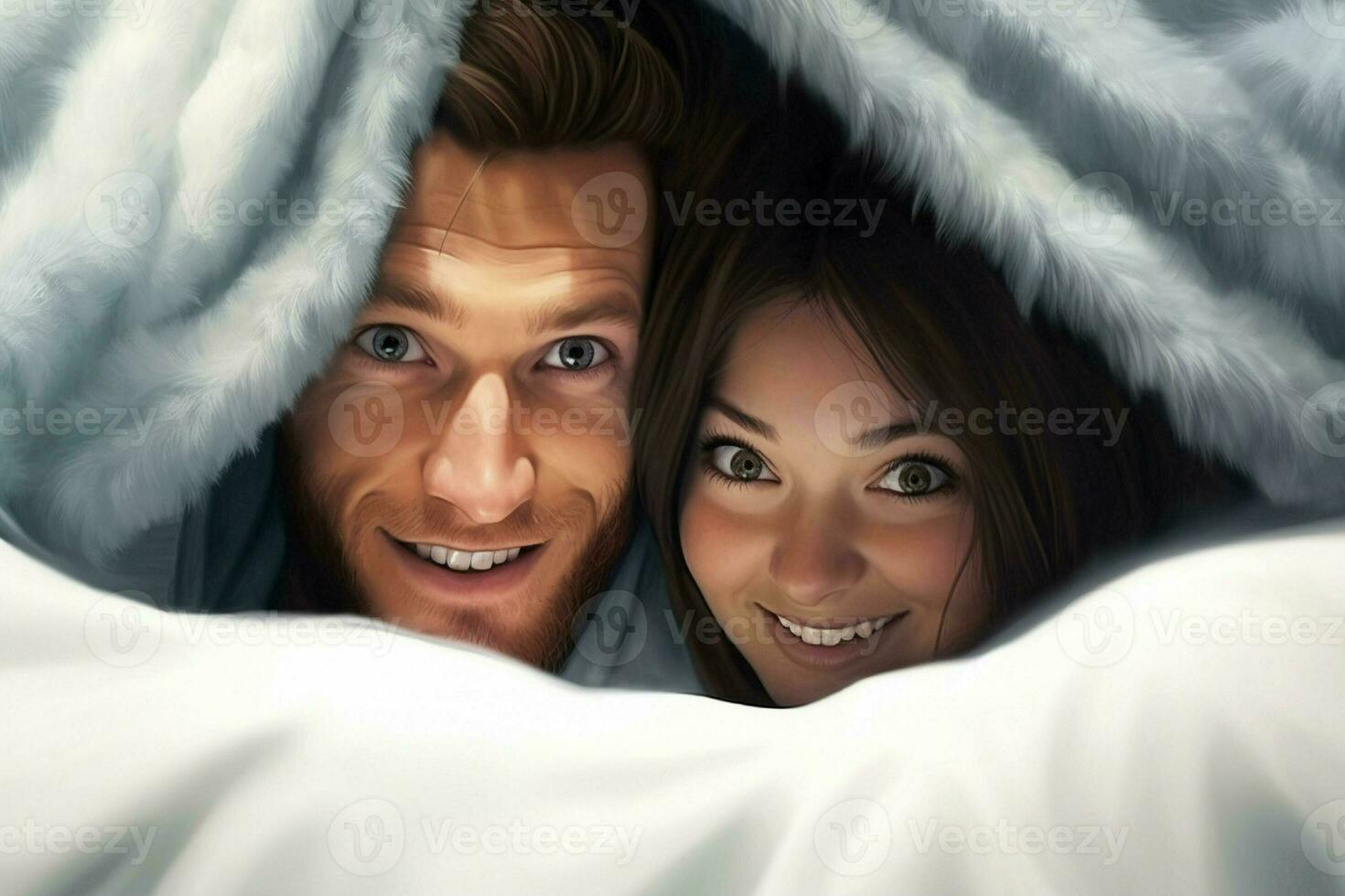 Young couple in bed. Happy young couple lying in bed and looking at camera. ai generated  pro photo