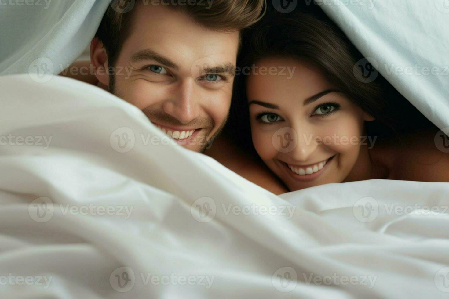 Young couple in bed. Happy young couple lying in bed and looking at camera. ai generated  pro photo