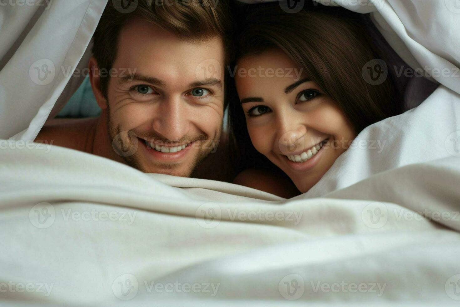 Young couple in bed. Happy young couple lying in bed and looking at camera. ai generated  pro photo