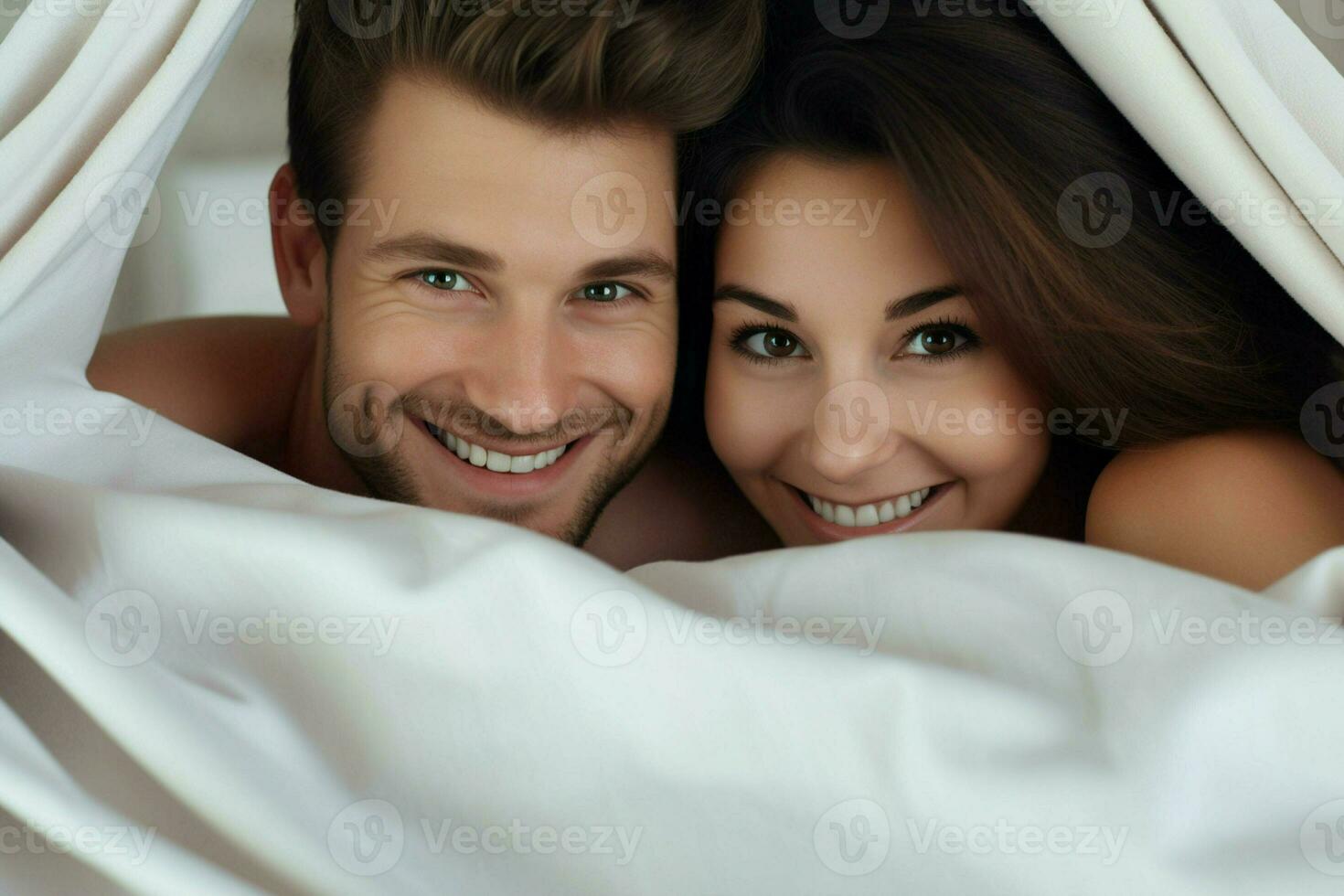 Young couple in bed. Happy young couple lying in bed and looking at camera. ai generated  pro photo