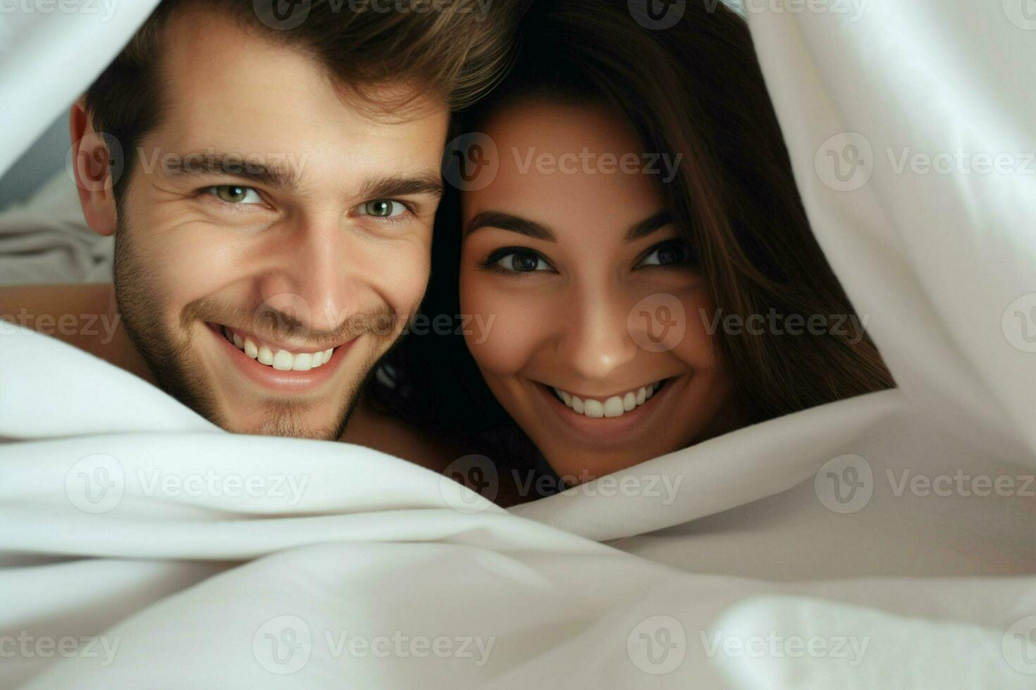 Young couple in bed. Happy young couple lying in bed and looking at camera. ai generated  pro photo