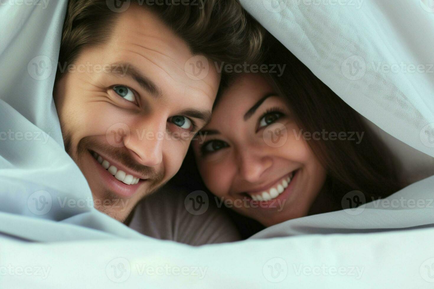 Young couple in bed. Happy young couple lying in bed and looking at camera. ai generated  pro photo