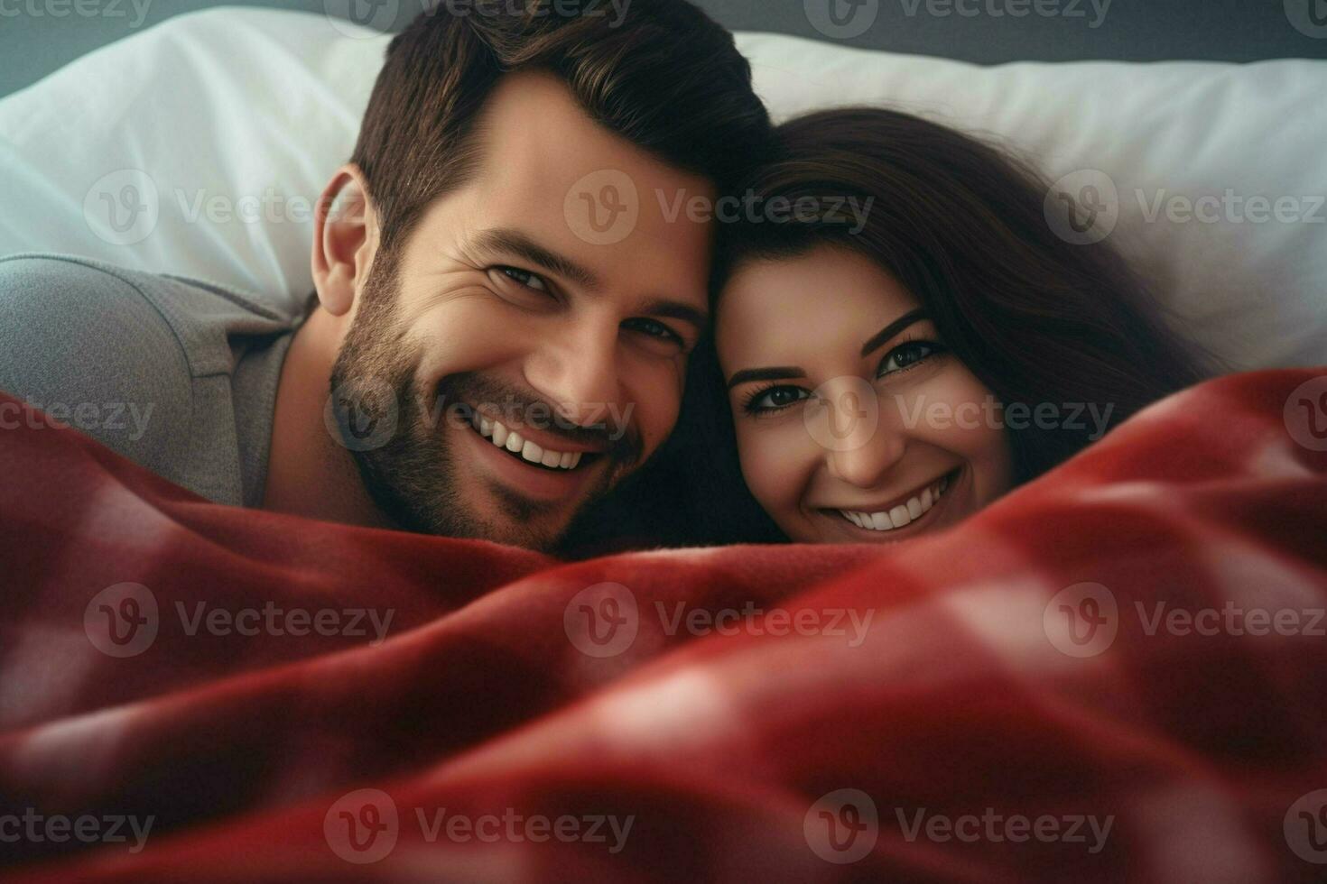 Young couple in bed. Happy young couple lying in bed and looking at camera. ai generated  pro photo