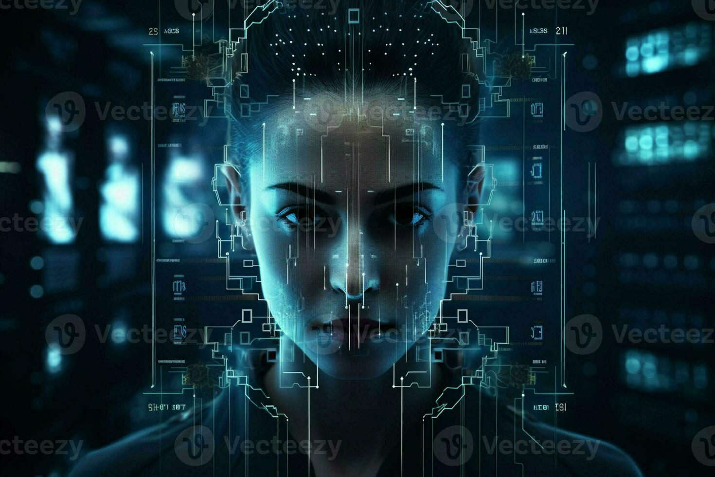 Portrait of a futuristic woman with a virtual screen in the background. ai generated  pro photo