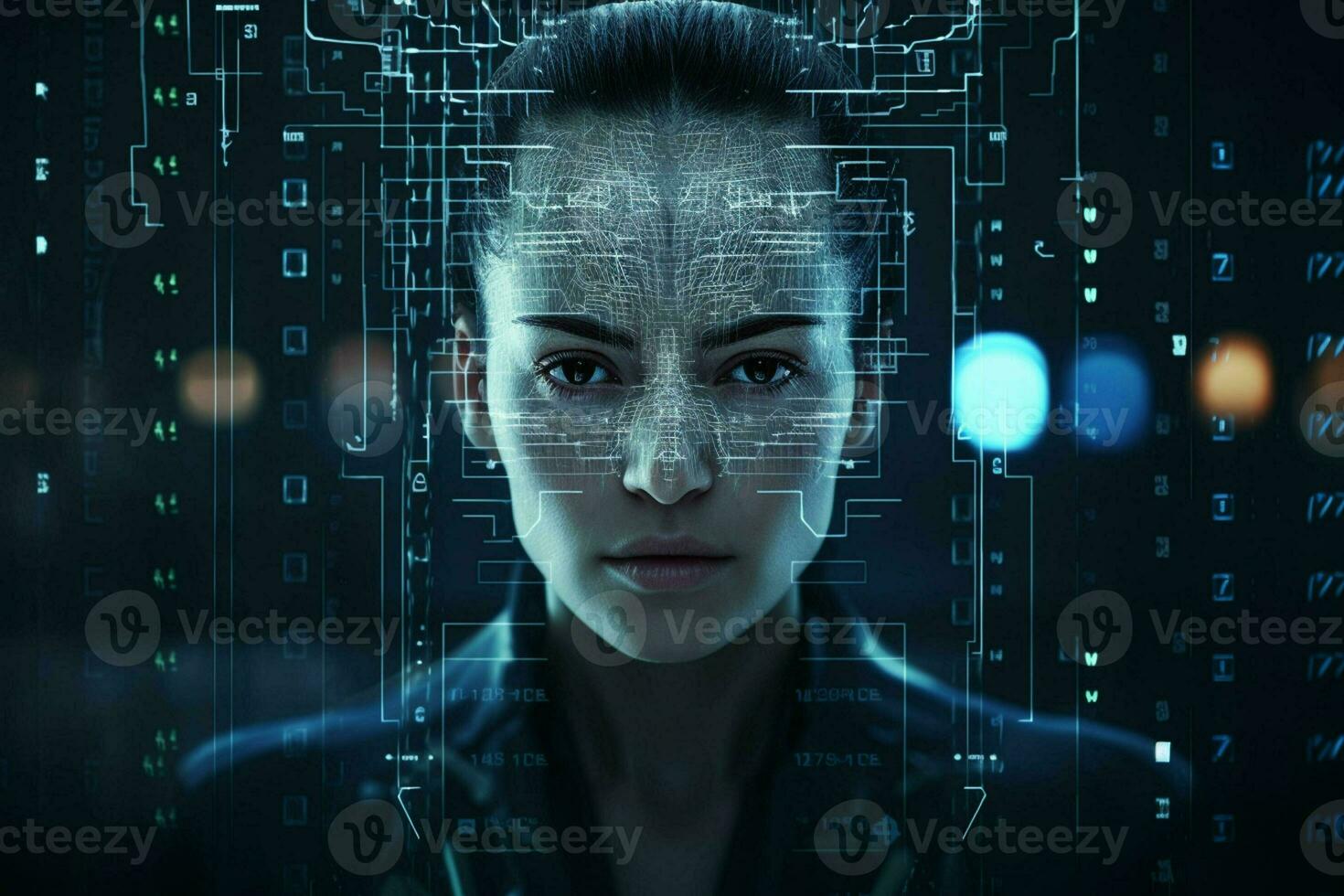 retrato de un futurista mujer con un virtual pantalla en el antecedentes. ai generado Pro foto