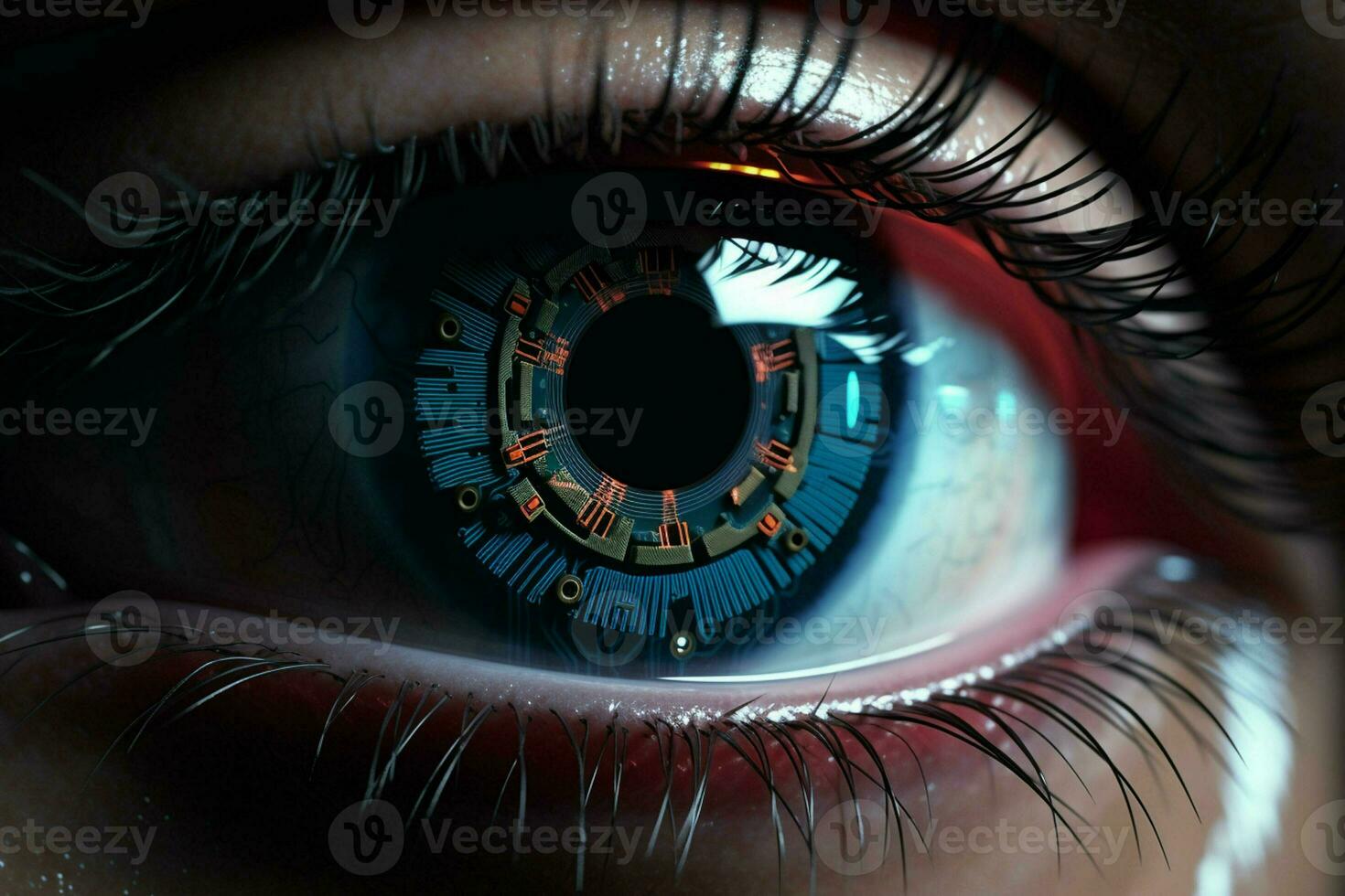 Close up of human eye with circuit board. Technology concept. ai generated  pro photo