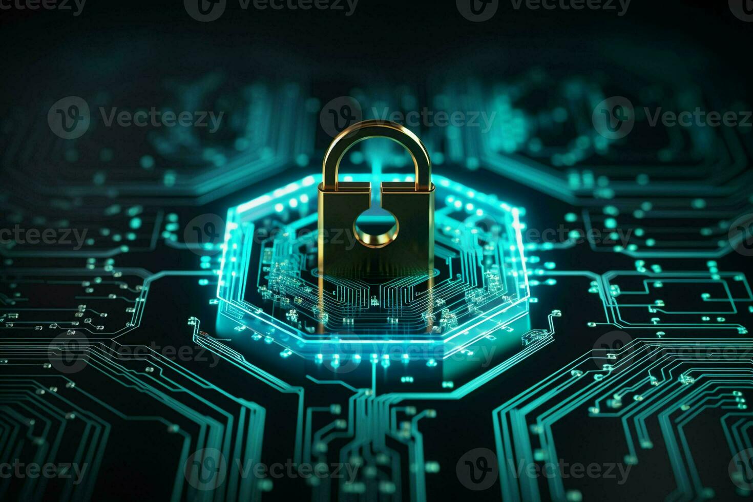 Lock on circuit board background. Cyber security concept. 3D Rendering. ai generated  pro photo