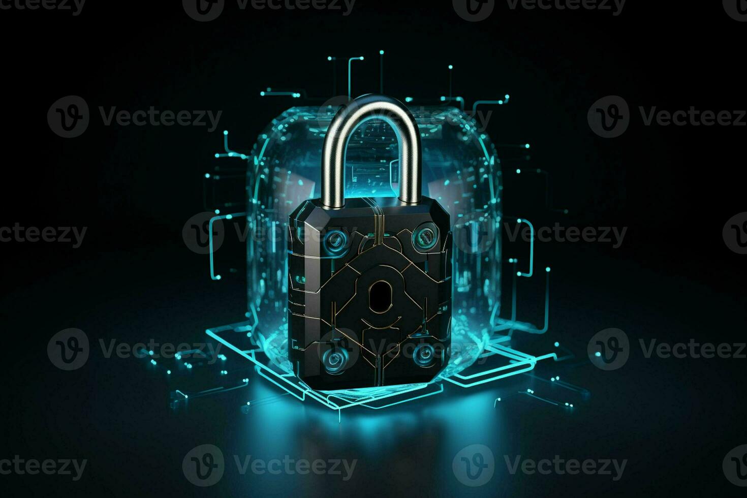 Lock on circuit board background. Cyber security concept. 3D Rendering. ai generated  pro photo