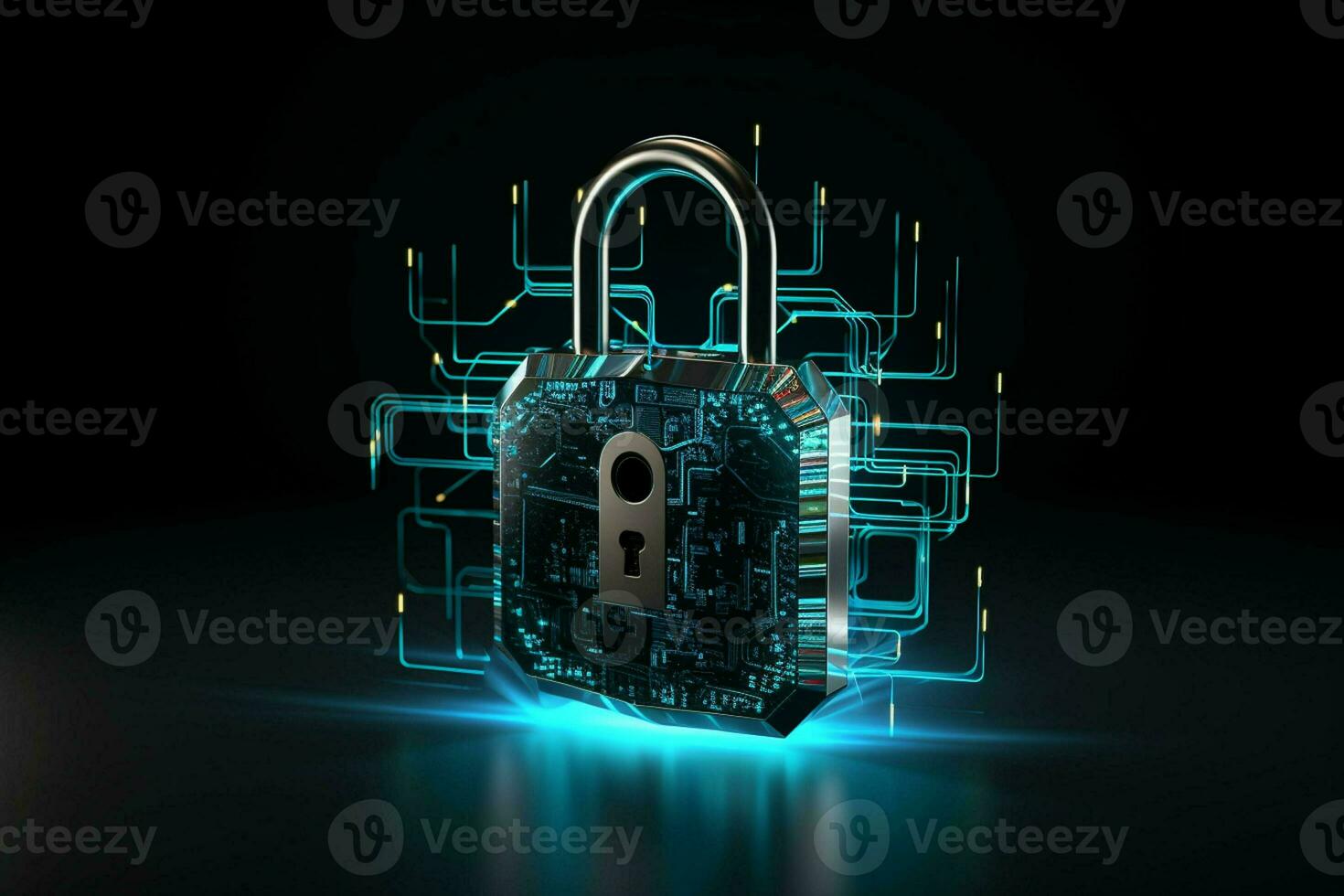 Lock on circuit board background. Cyber security concept. 3D Rendering. ai generated  pro photo