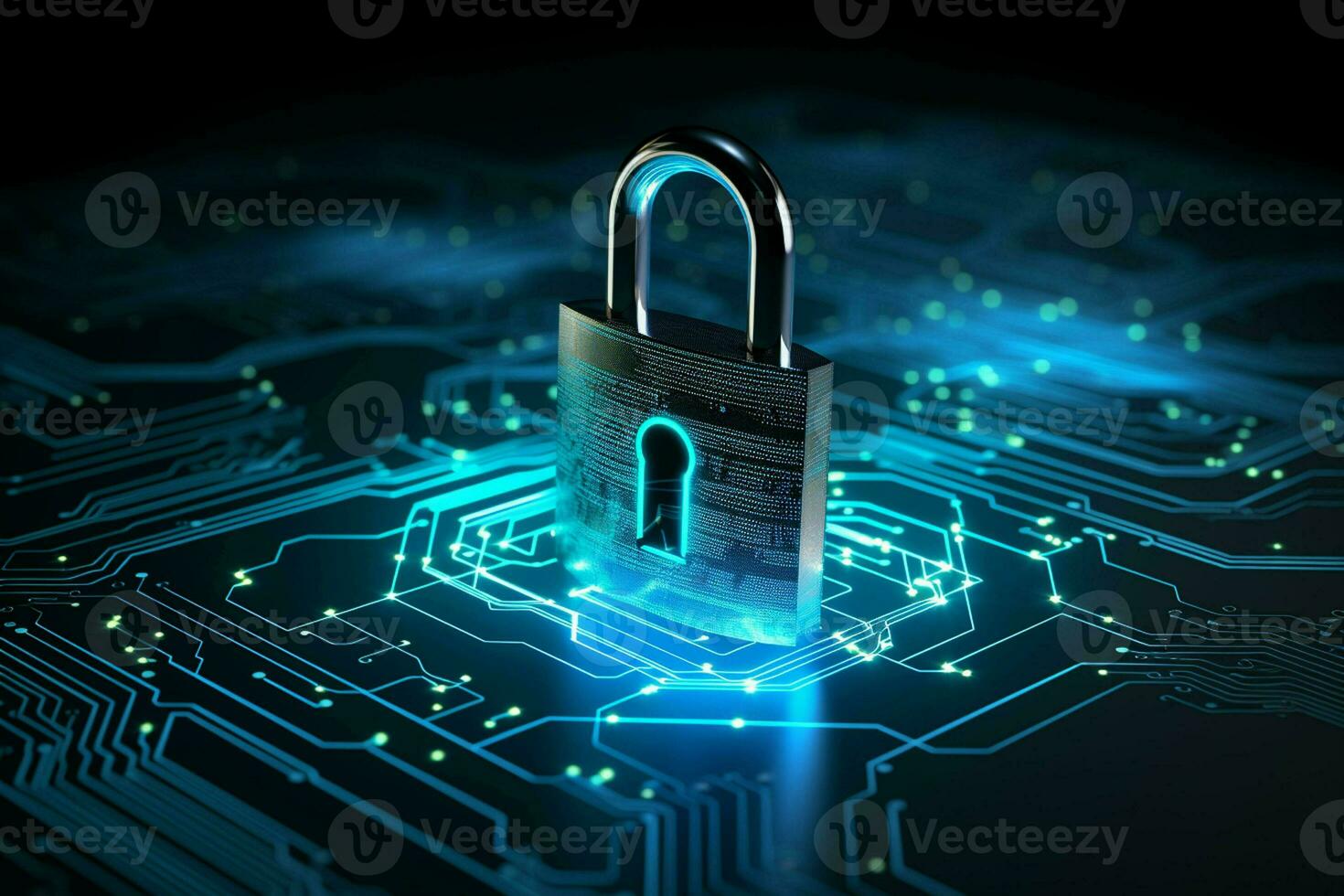 Lock on circuit board background. Cyber security concept. 3D Rendering. ai generated  pro photo
