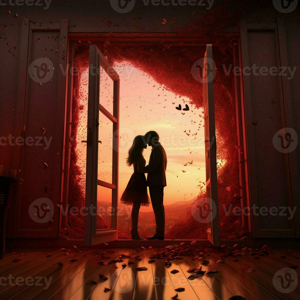 Silhouette of a loving couple standing in front of a door. ai generated  pro photo