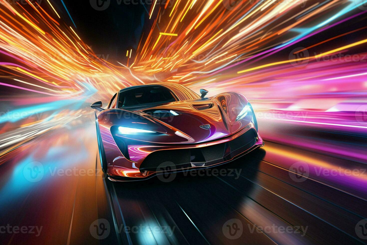 Sport car on the road with speed motion blur. 3D rendering. ai generated  pro photo