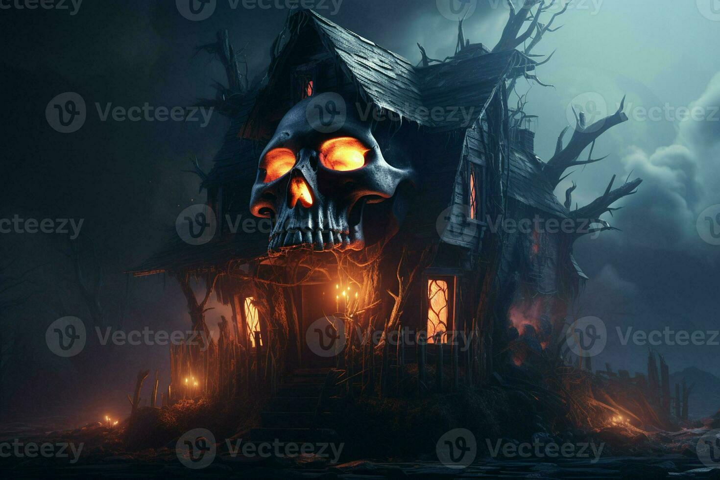 Creepy halloween background with haunted house and human skull. Halloween concept. Scary spooky house at night with a burning skull. ai generated  pro photo