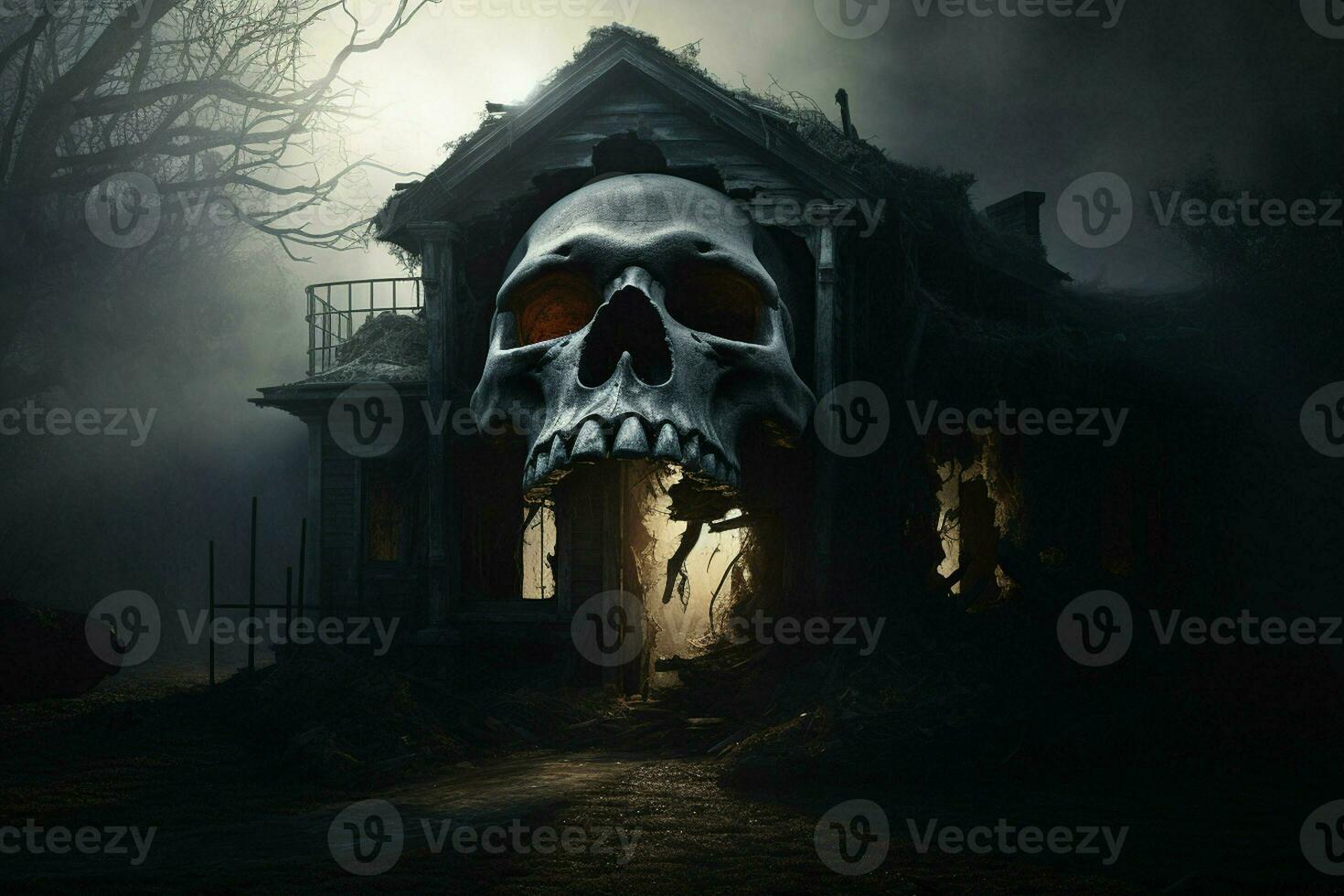 Creepy halloween background with haunted house and human skull. Halloween concept. Scary spooky house at night with a burning skull. ai generated  pro photo