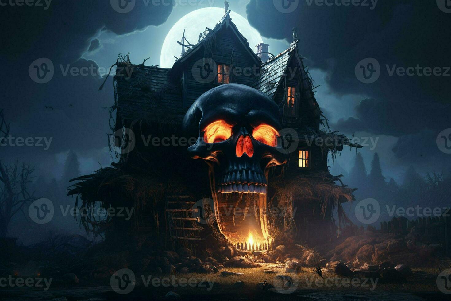 Creepy halloween background with haunted house and human skull. Halloween concept. Scary spooky house at night with a burning skull. ai generated  pro photo