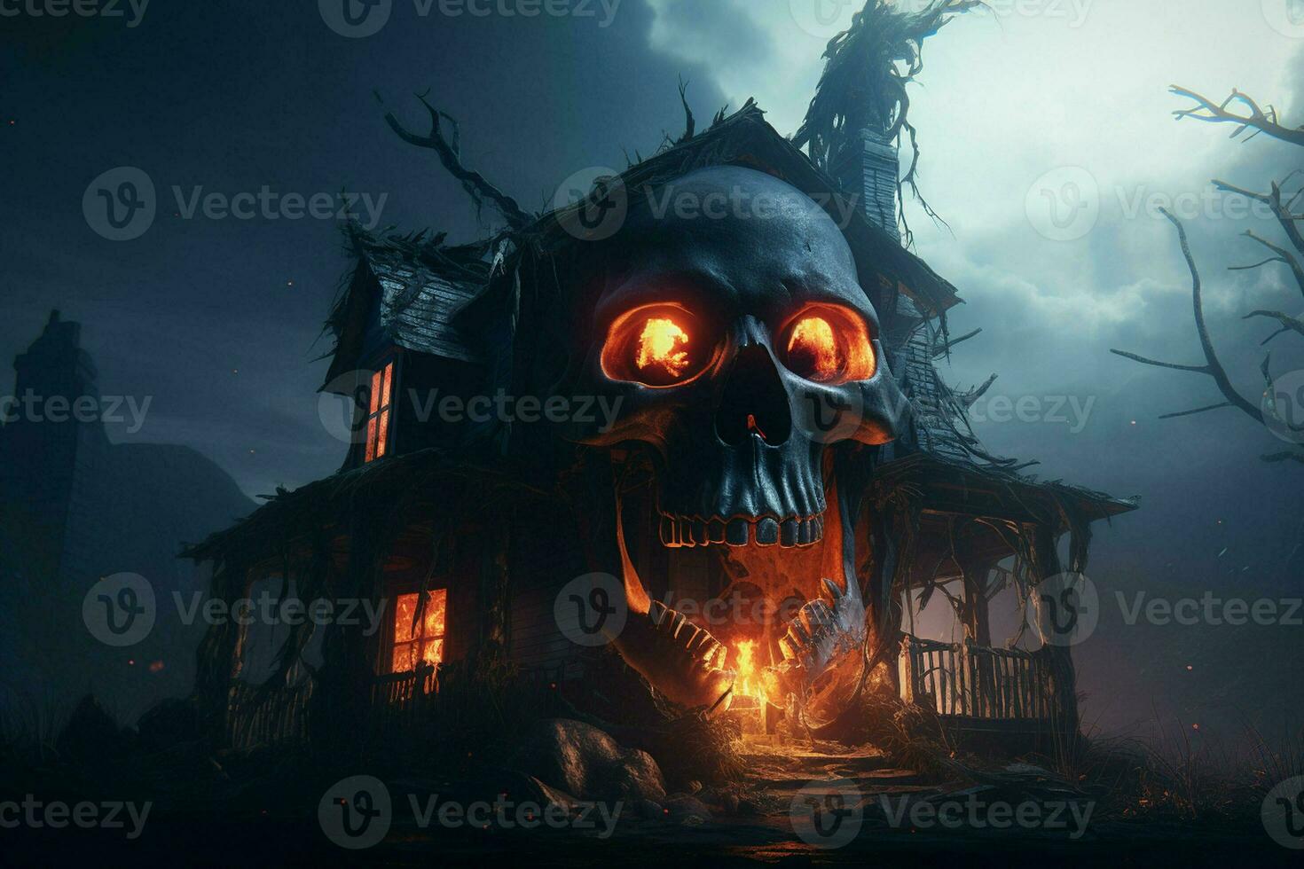 Creepy halloween background with haunted house and human skull. Halloween concept. Scary spooky house at night with a burning skull. ai generated  pro photo
