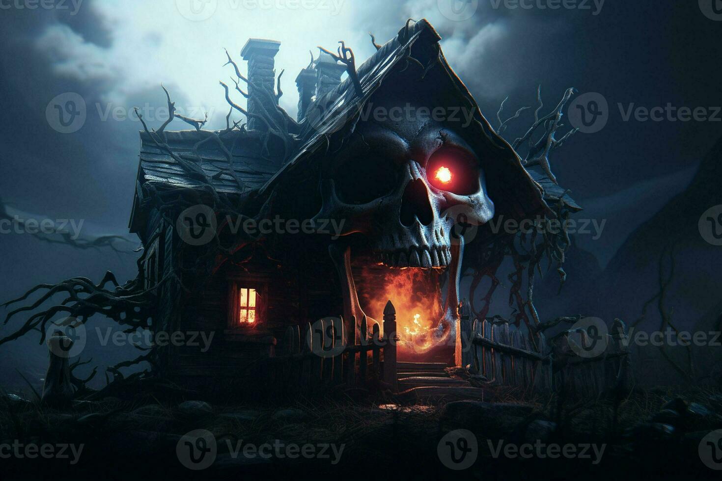Creepy halloween background with haunted house and human skull. Halloween concept. Scary spooky house at night with a burning skull. ai generated  pro photo