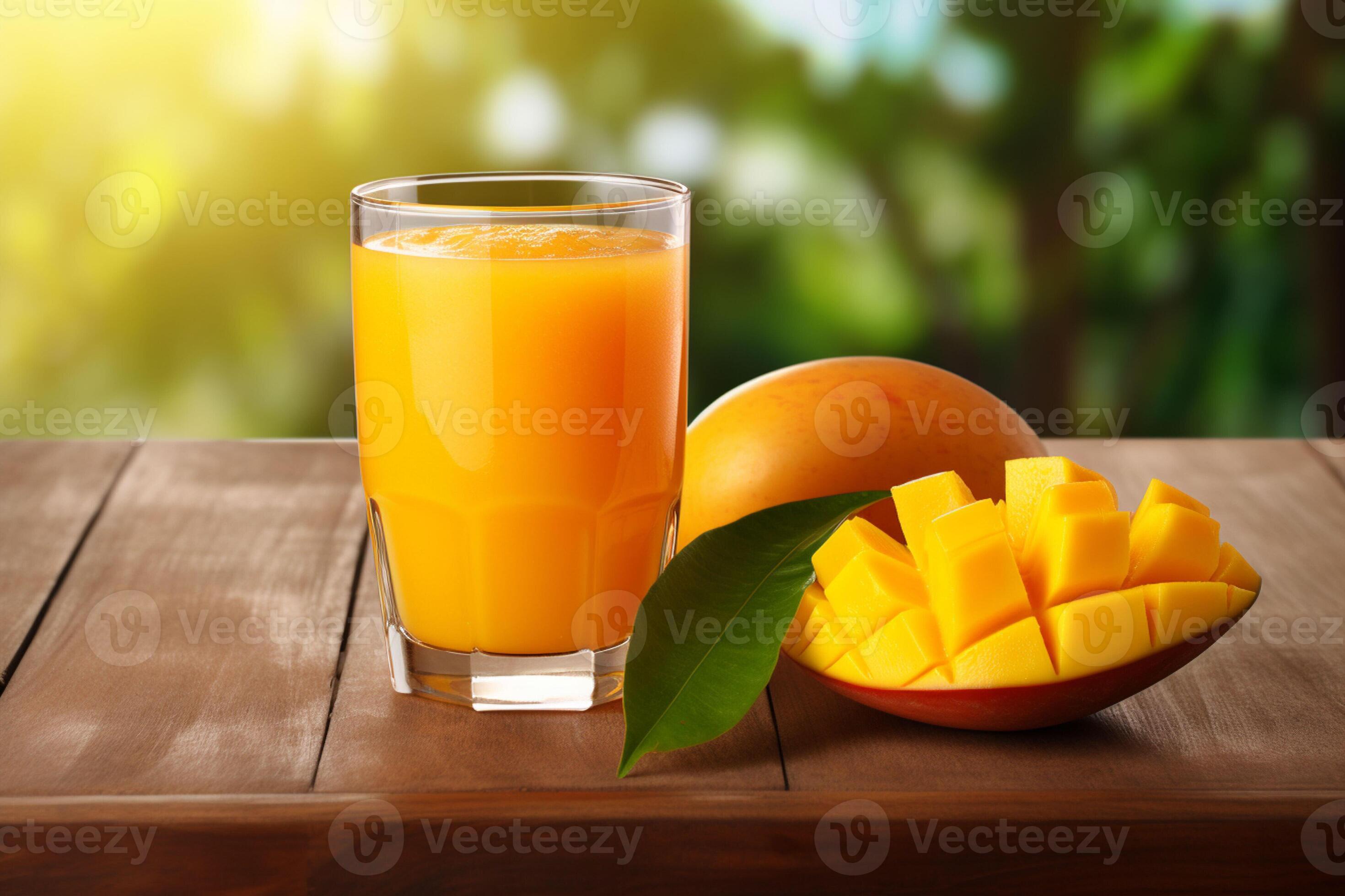Glass of mango juice on wooden background. Healthy drink. ai generated