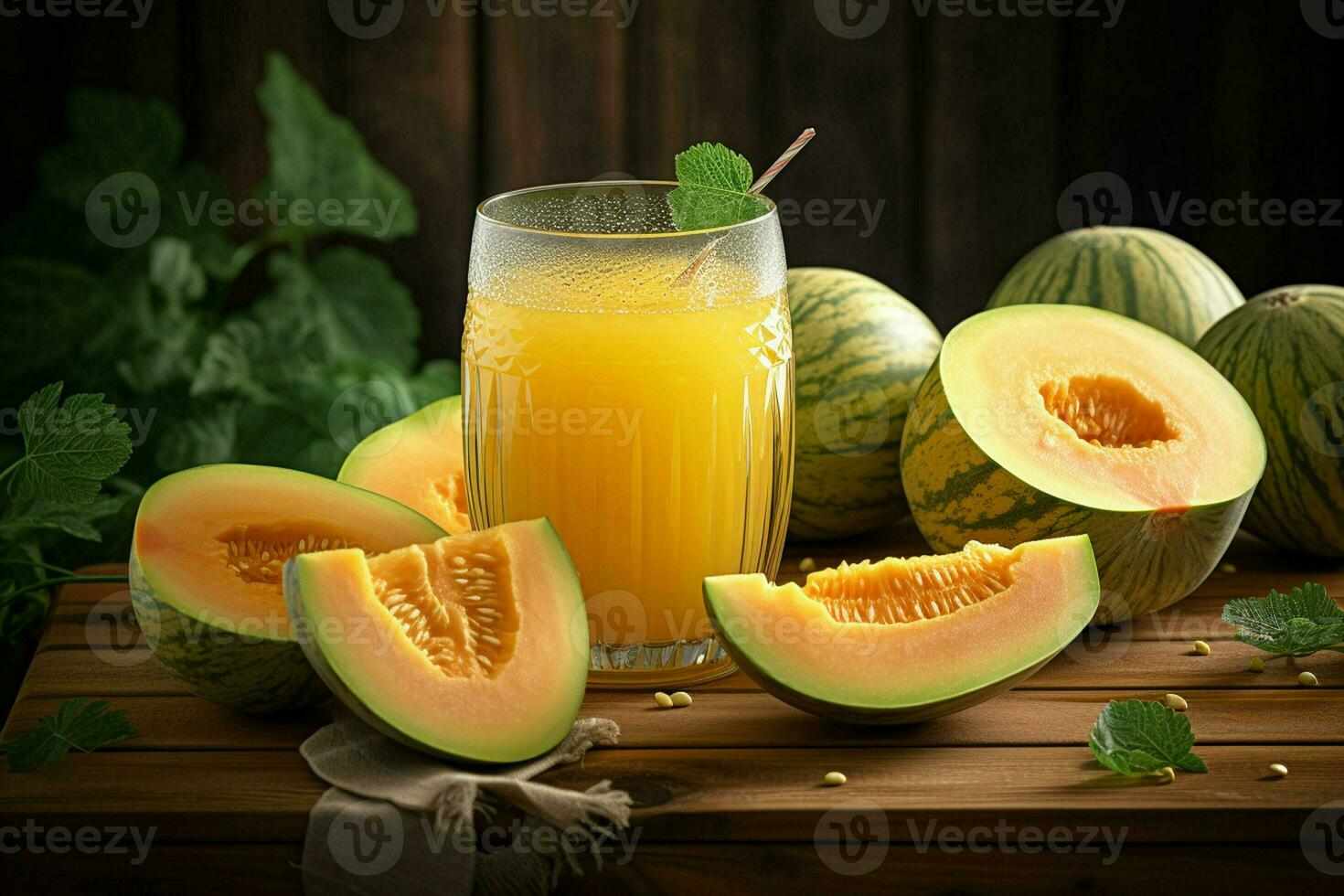 Glass of musk melon juice on wooden background. Healthy drink. ai generated  pro photo