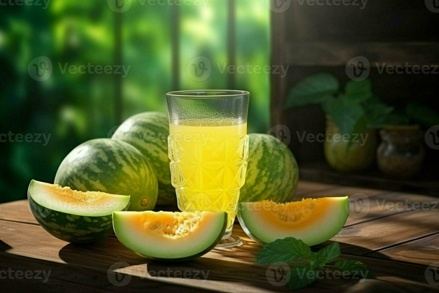 Glass of musk melon juice on wooden background. Healthy drink. ai generated  pro photo