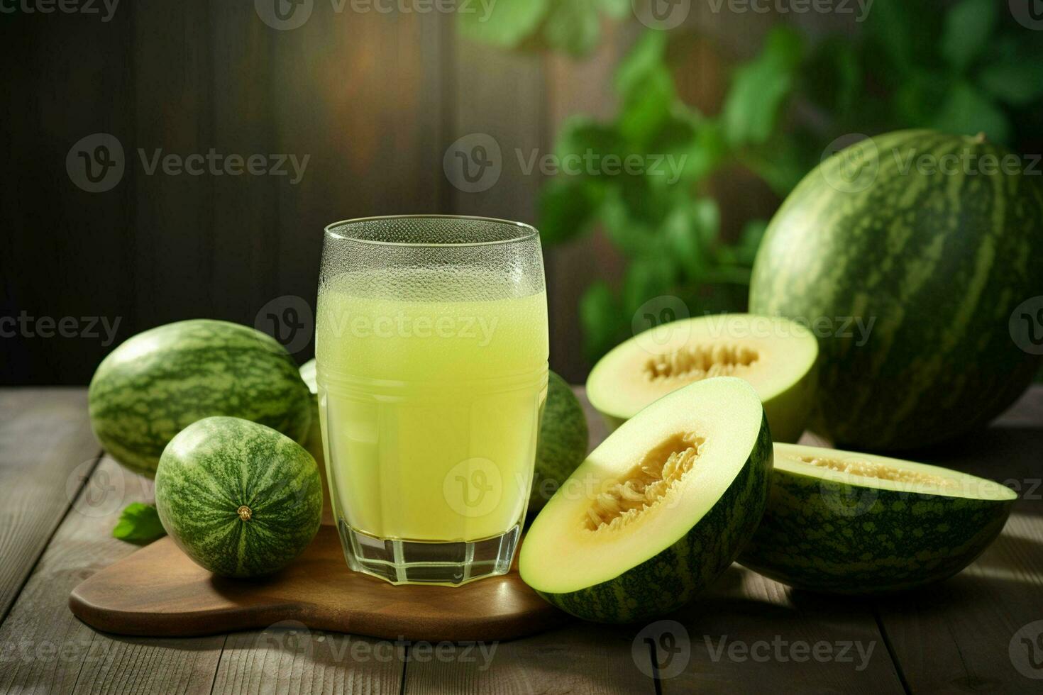 Glass of musk melon juice on wooden background. Healthy drink. ai generated  pro photo