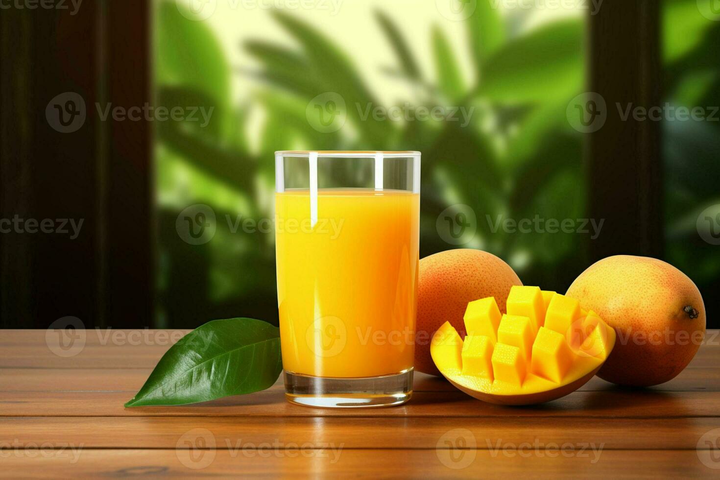 Glass of mango juice on wooden background. Healthy drink. ai generated  pro photo