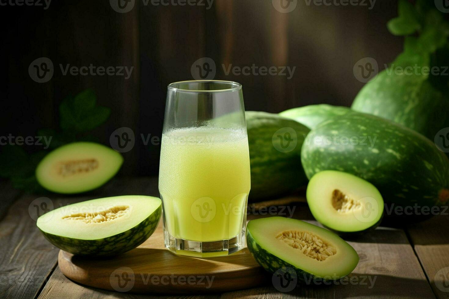 Glass of musk melon juice on wooden background. Healthy drink. ai generated  pro photo