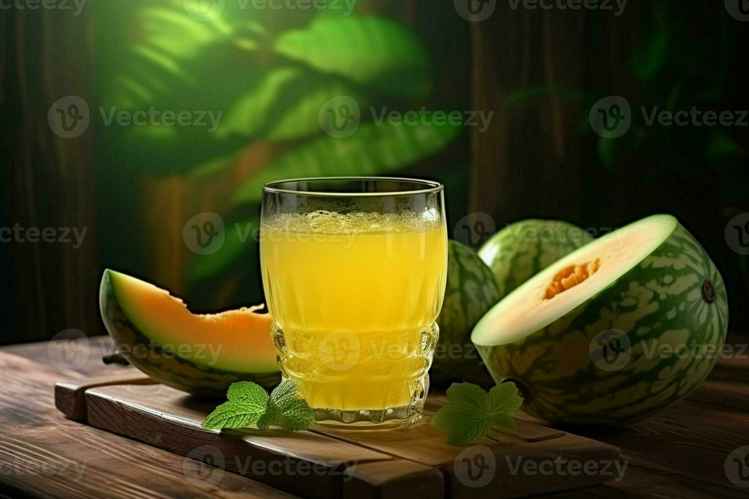 Glass of musk melon juice on wooden background. Healthy drink. ai generated  pro photo