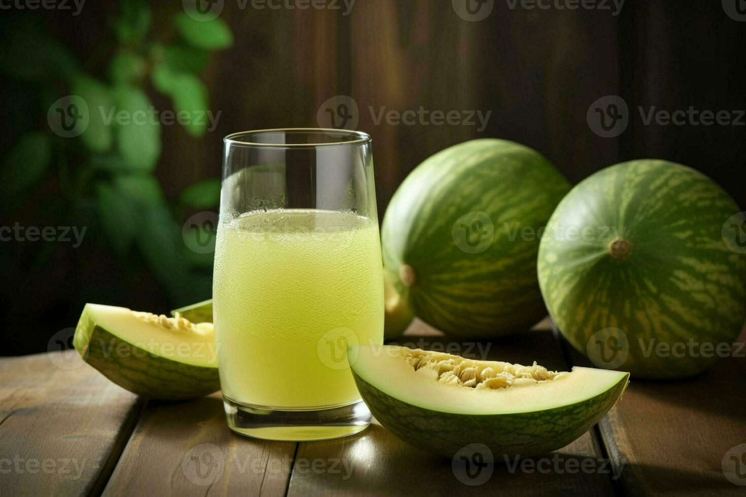Glass of musk melon juice on wooden background. Healthy drink. ai generated  pro photo