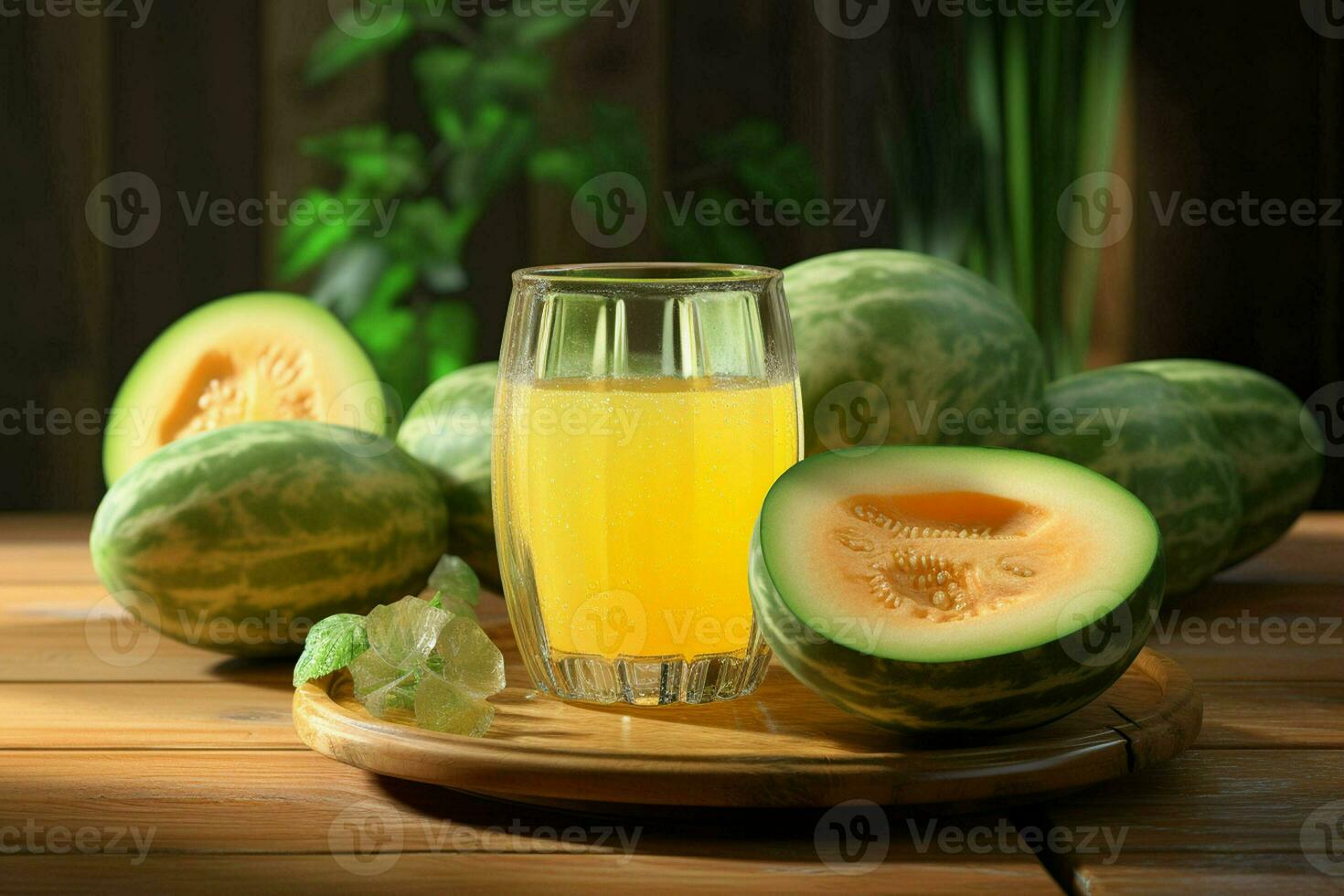 Glass of musk melon juice on wooden background. Healthy drink. ai generated  pro photo