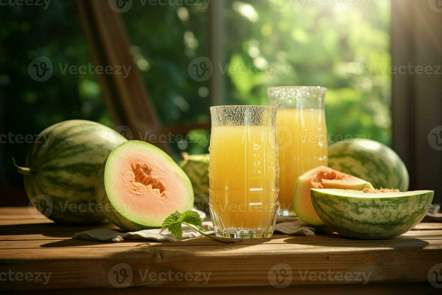 Glass of musk melon juice on wooden background. Healthy drink. ai generated  pro photo